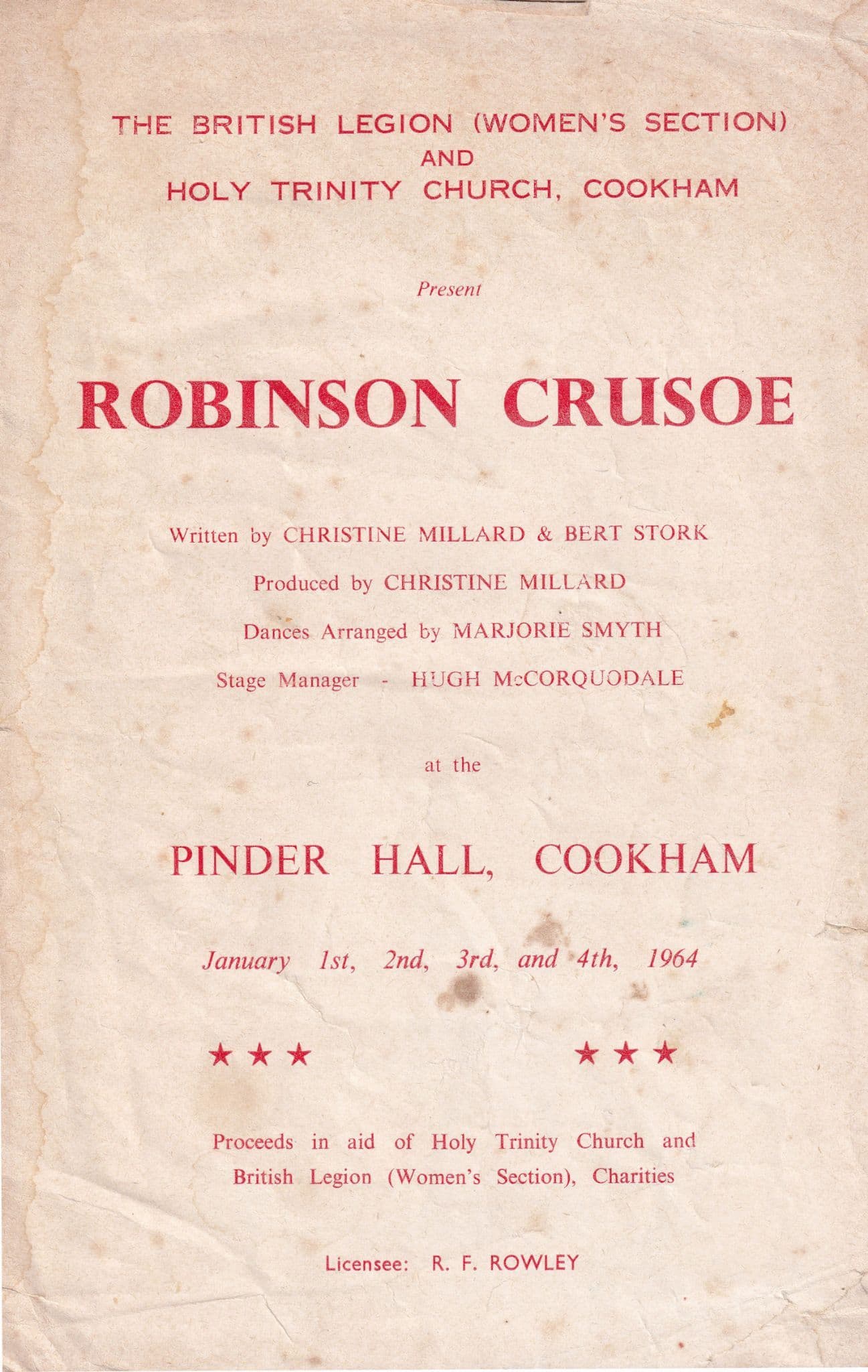 Robinson Crusoe Cookham British Legion Berkshire Worn Old Theatre Programme