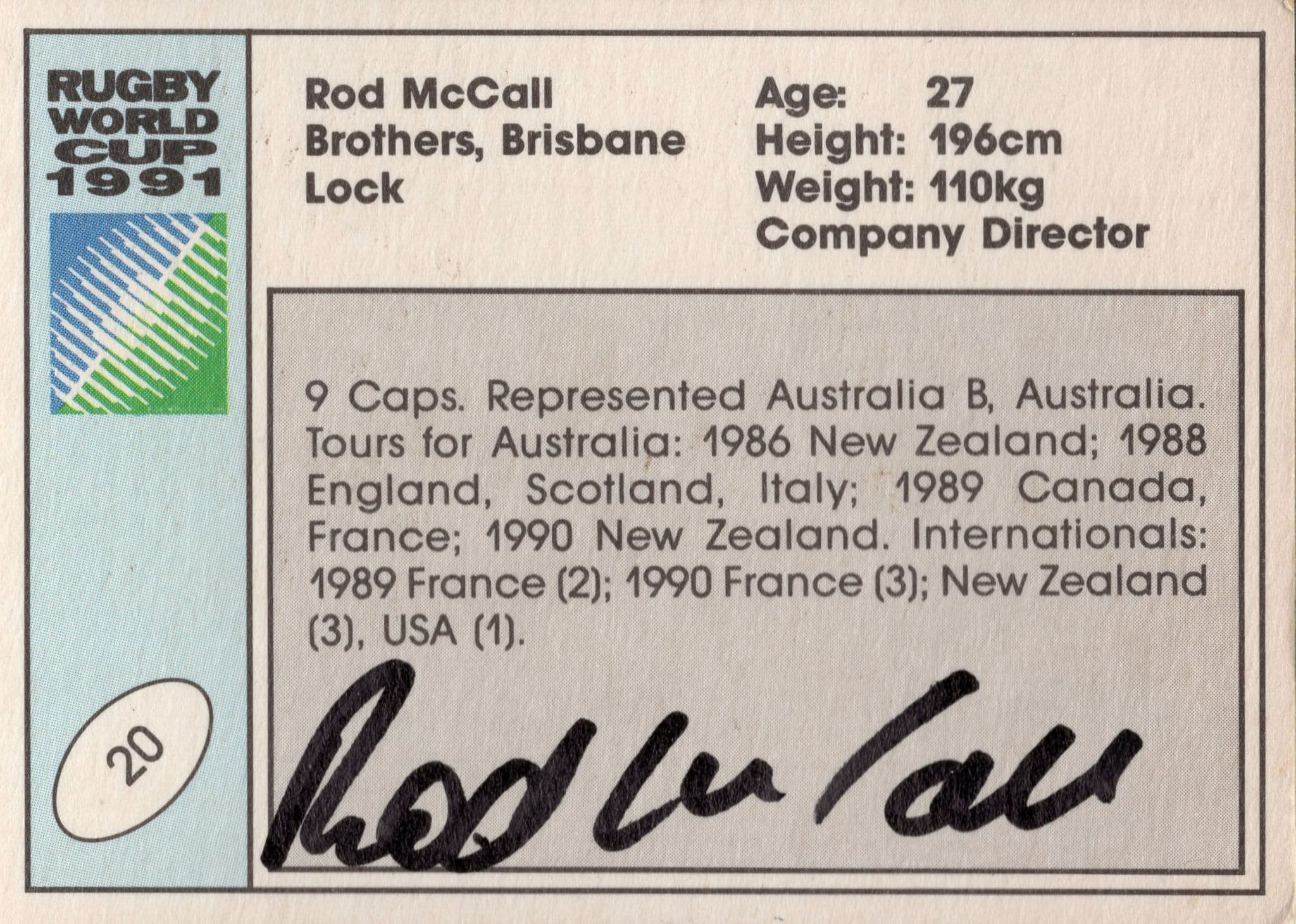 Rod McCall Australia Hand Signed Rugby 1991 World Cup Card Photo