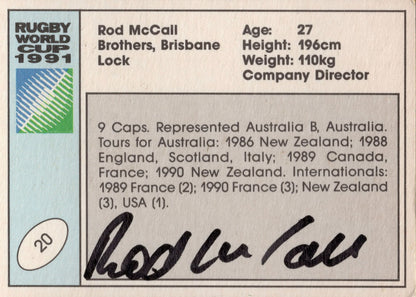 Rod McCall Australia Hand Signed Rugby 1991 World Cup Card Photo