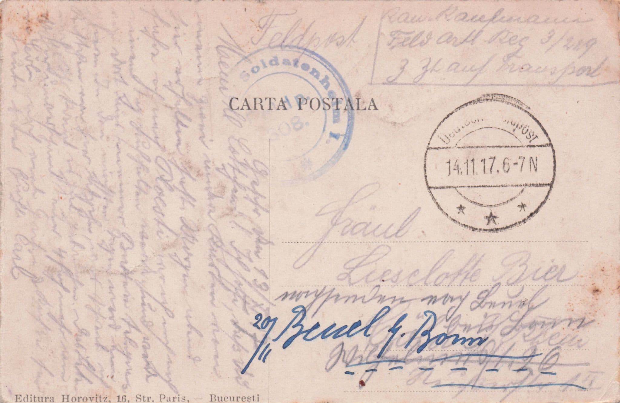 Romania Bucharest Haupt- Post WW1 1917 Old Postcard
