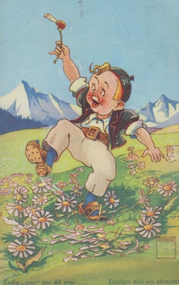 Romantic French Boy Picks Picking Flowers For Lover France Art Antique Postcard