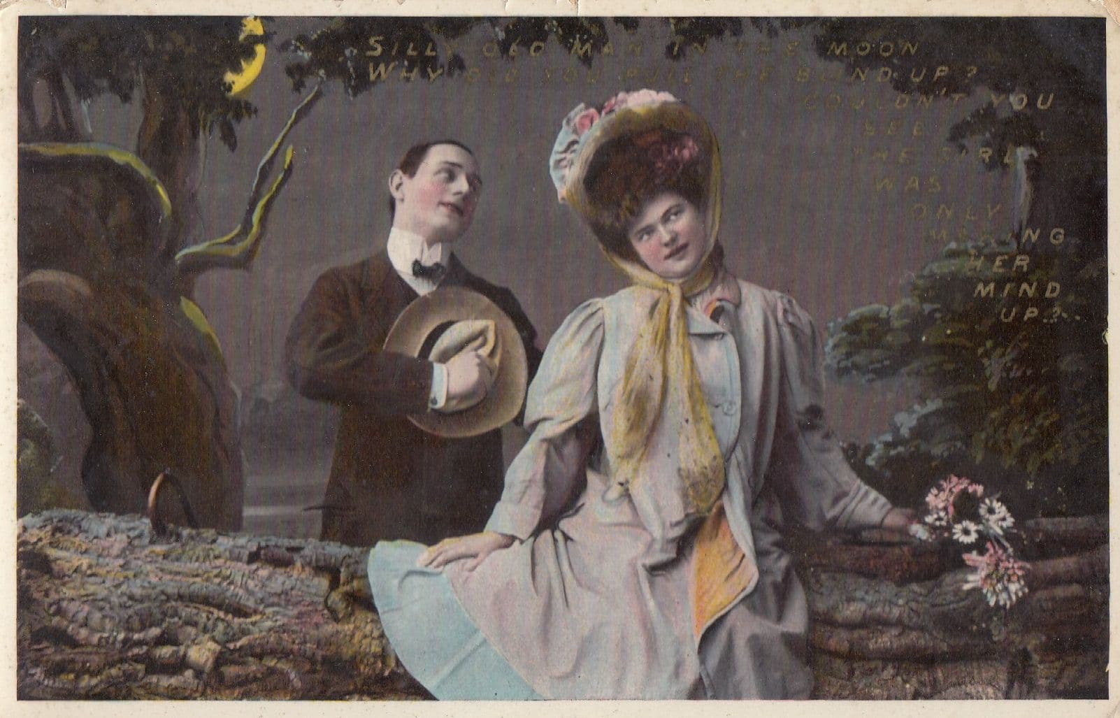 Romantic Girl Is Making Your Mind Up Pull The Blind Antique Postcard