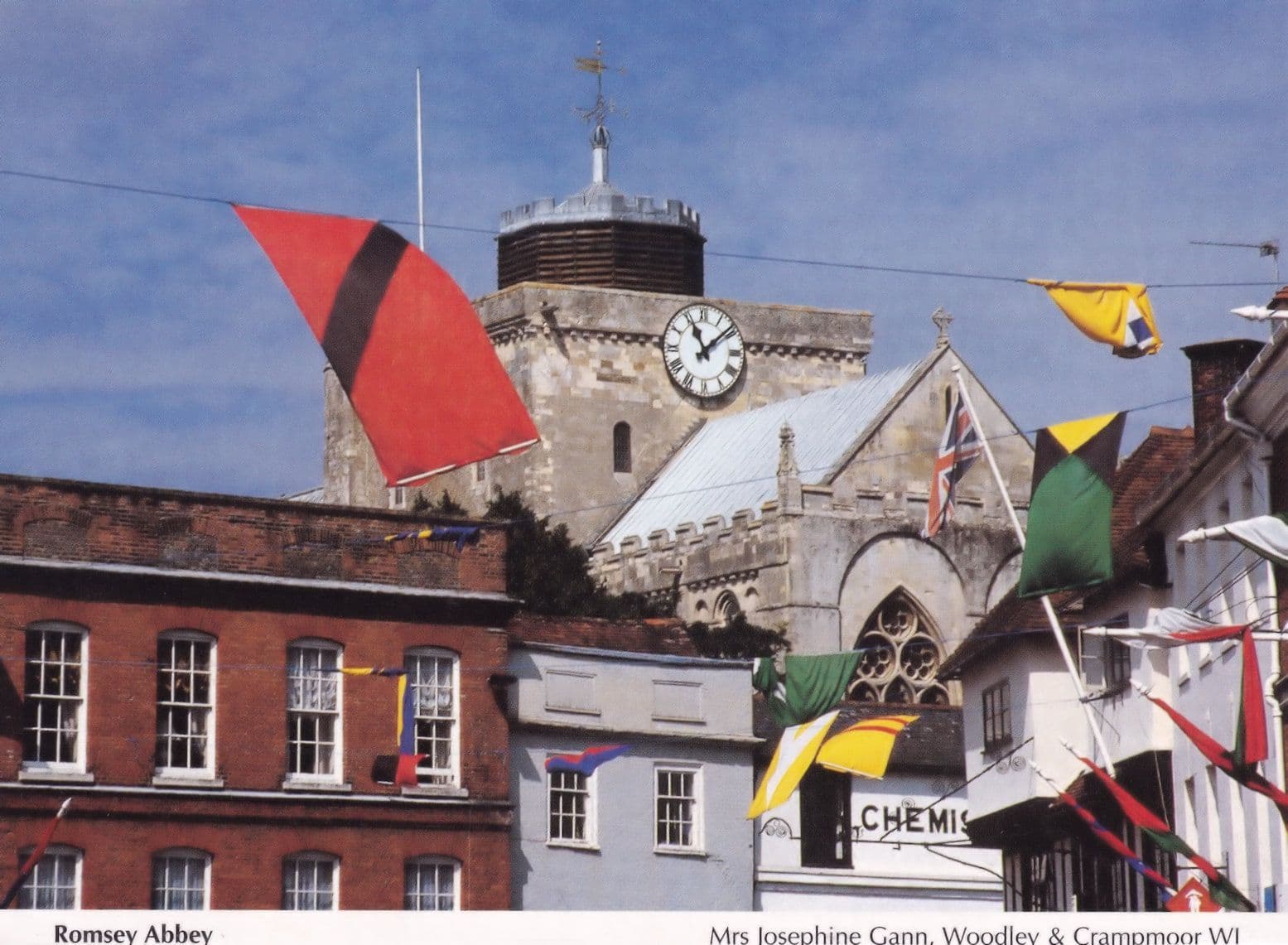 Romsey Abbey Perhaps Fete Flags Flying Chemists Hampshire Postcard