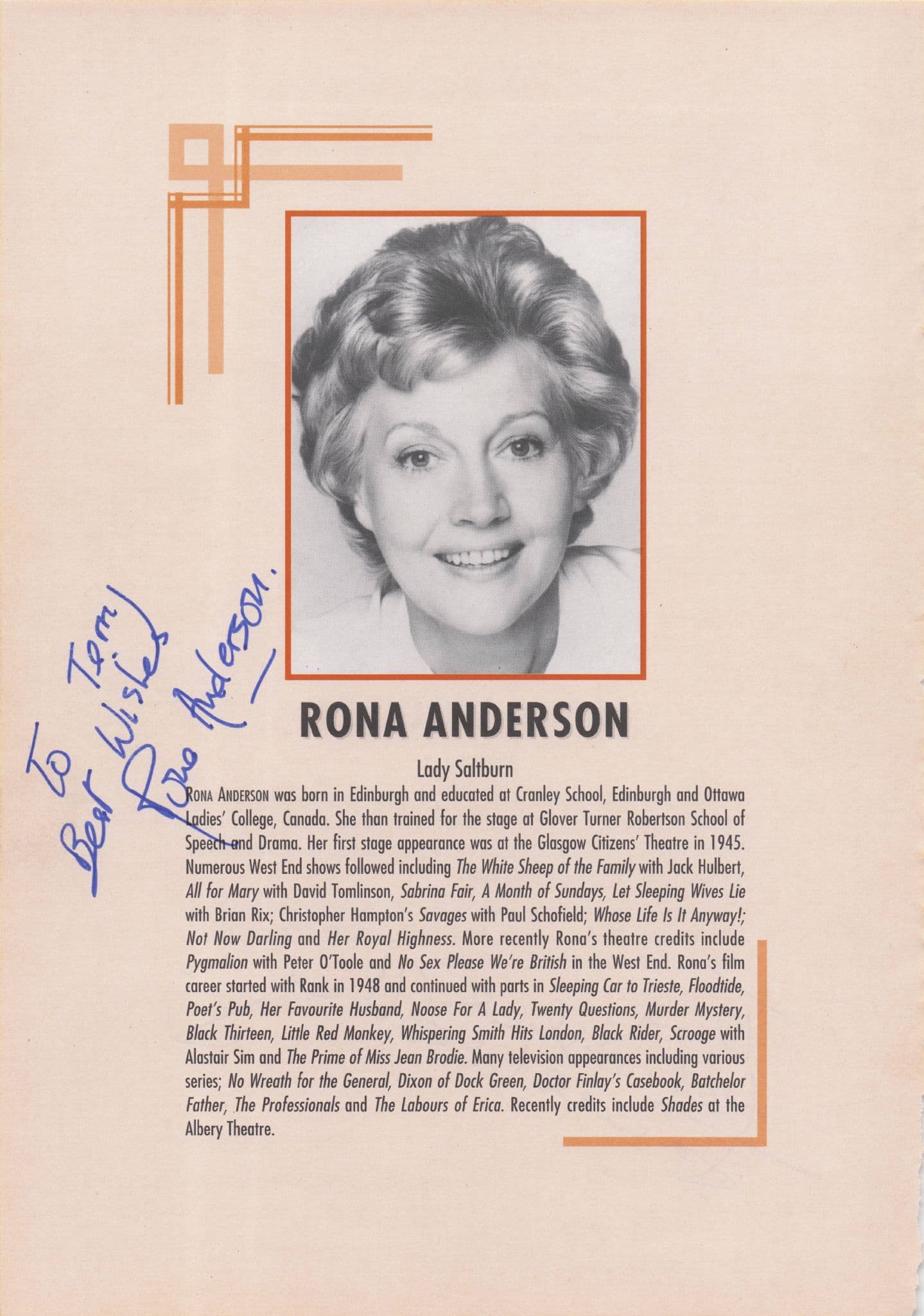 Rona Anderson Epic Scottish Actress Hand Signed Theatre Page