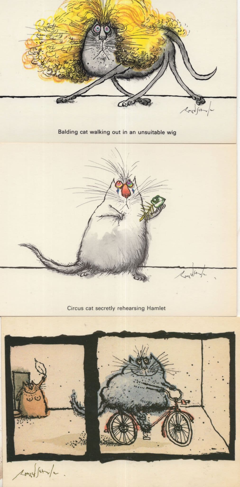 Ronald Searle Shakespeare Wig Cat On Bicycle 3x Cats Postcard s