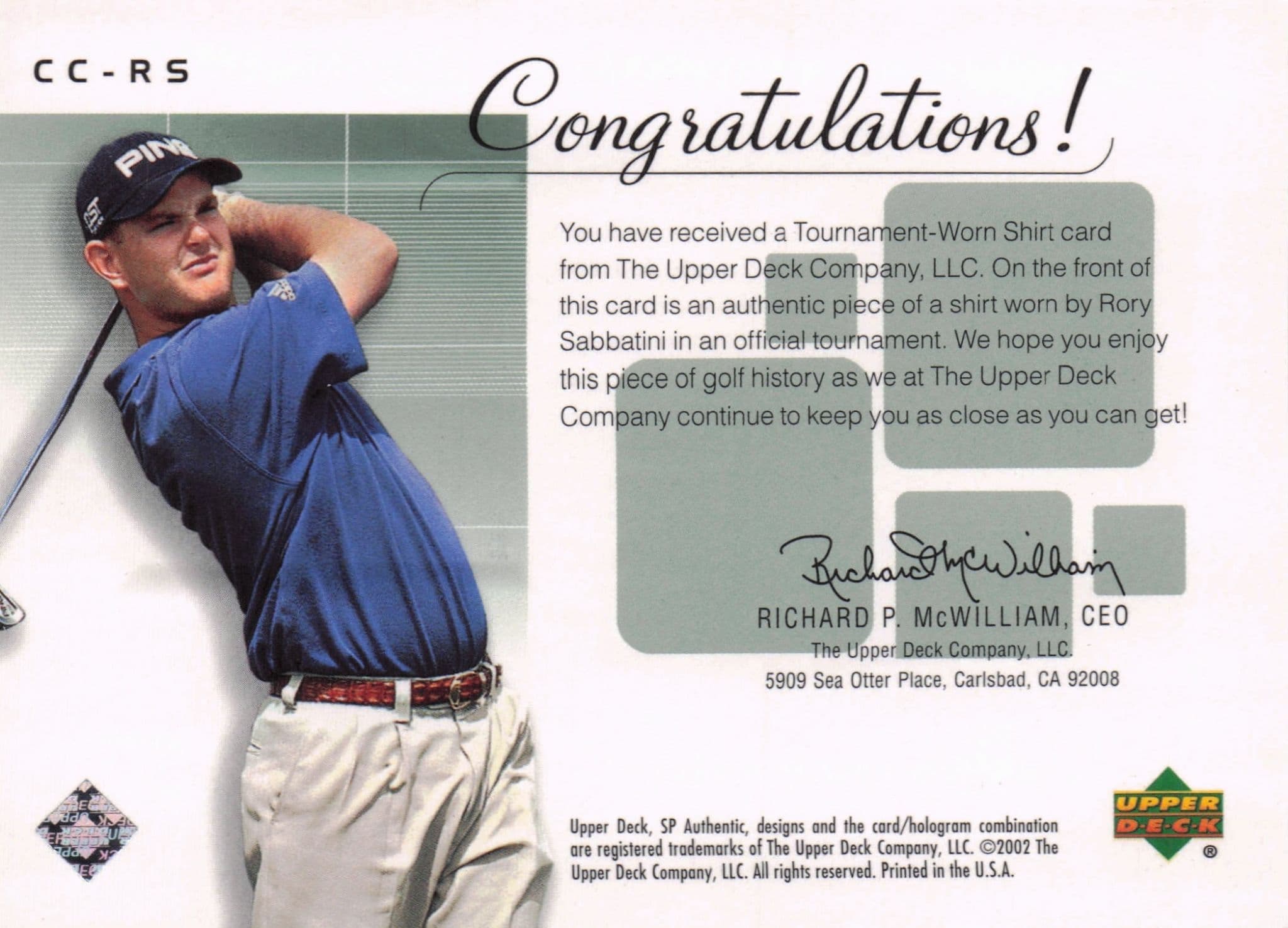 Rory Sabbatini Course Classics 2002 Authentic Worn PGA Tour Golf Shirt Card