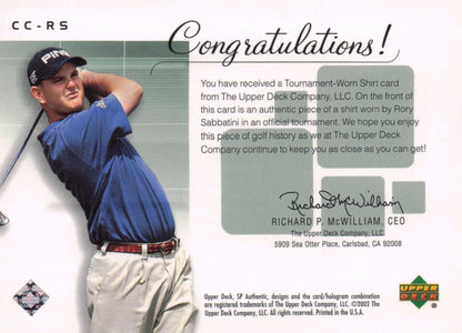 Rory Sabbatini Course Classics 2002 Authentic Worn PGA Tour Golf Shirt Card