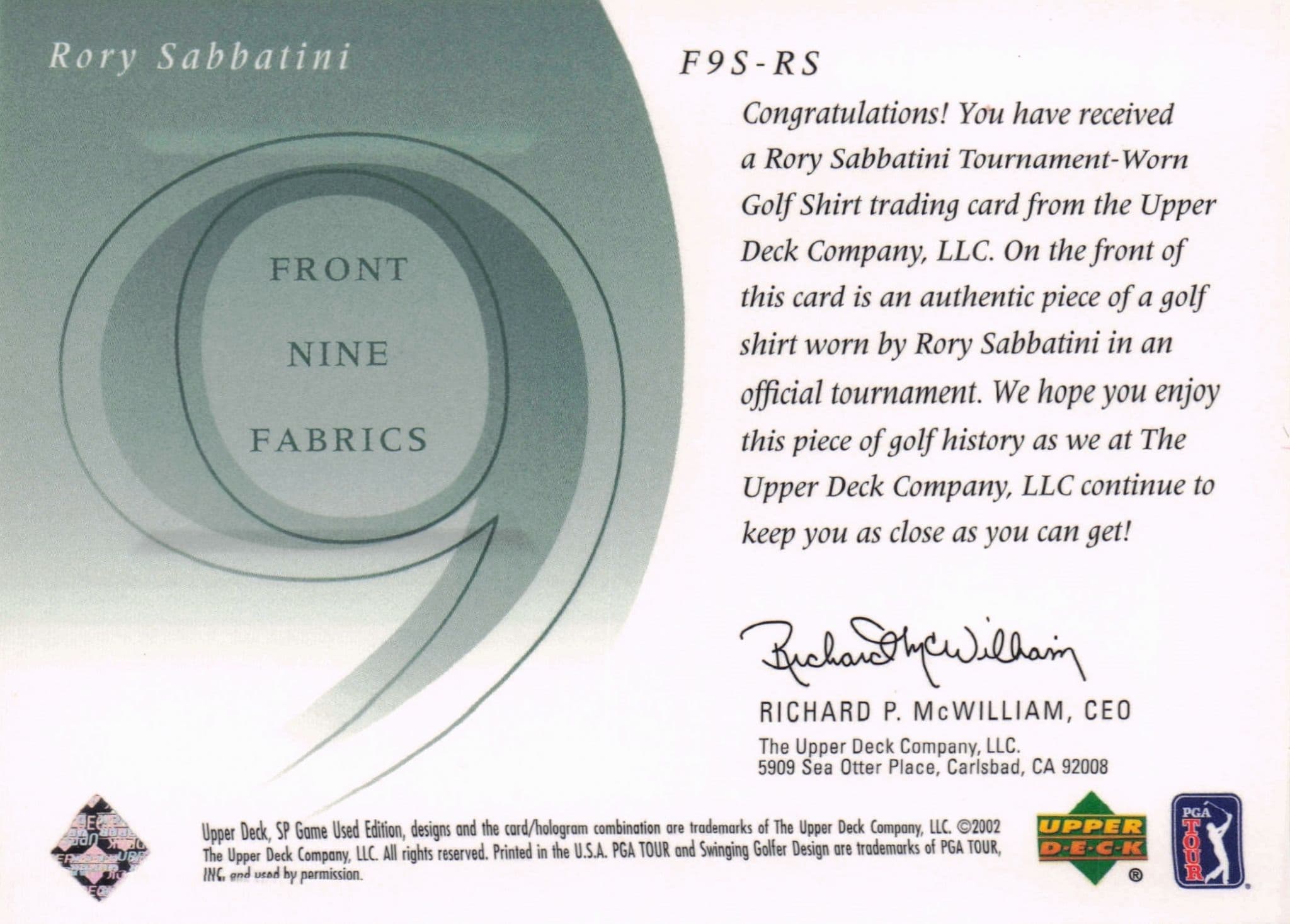 Rory Sabbatini Front 9 Fabric 2002 Upper Deck Authentic Shirt Card