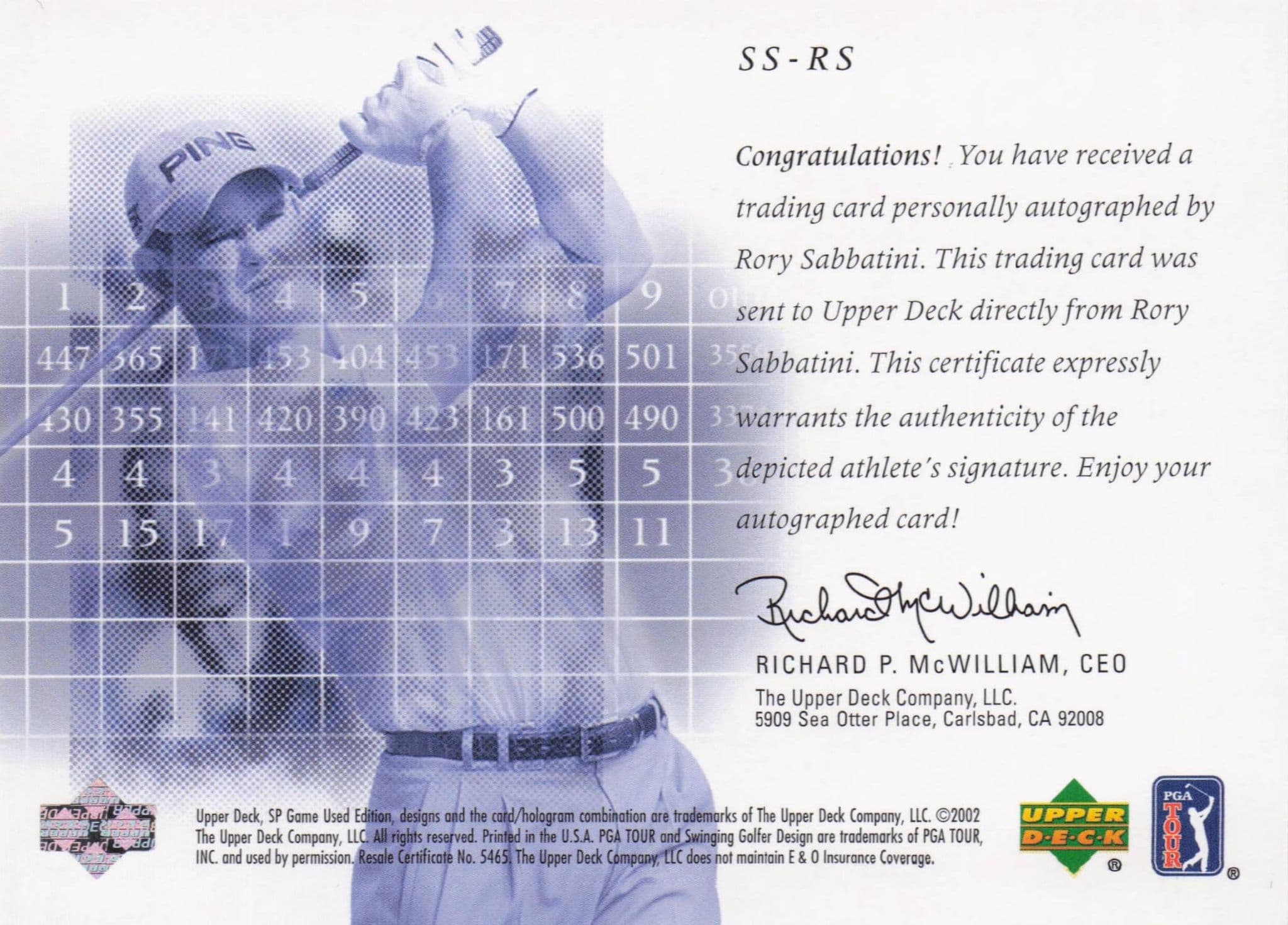 Rory Sabbatini Scorecard Signatures Hand Signed 2002 SP Golf Autograph Card