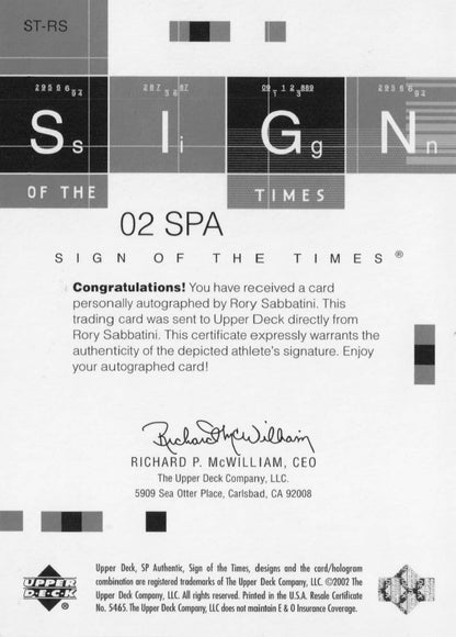 Rory Sabbatini Sign Of The Times Hand Signed 2002 SP Golf Autograph Card