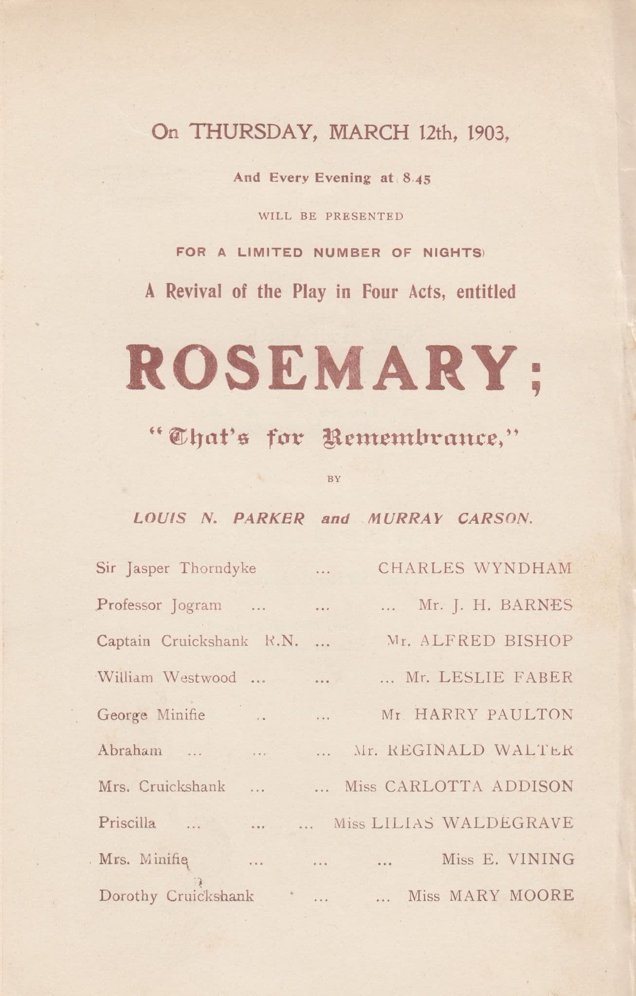 Rosemary Louis Parker Charles Wyndham Drama London New 1903 Theatre Programme