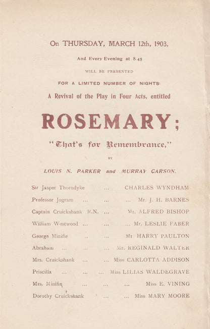 Rosemary Louis Parker Charles Wyndham Drama London New 1903 Theatre Programme