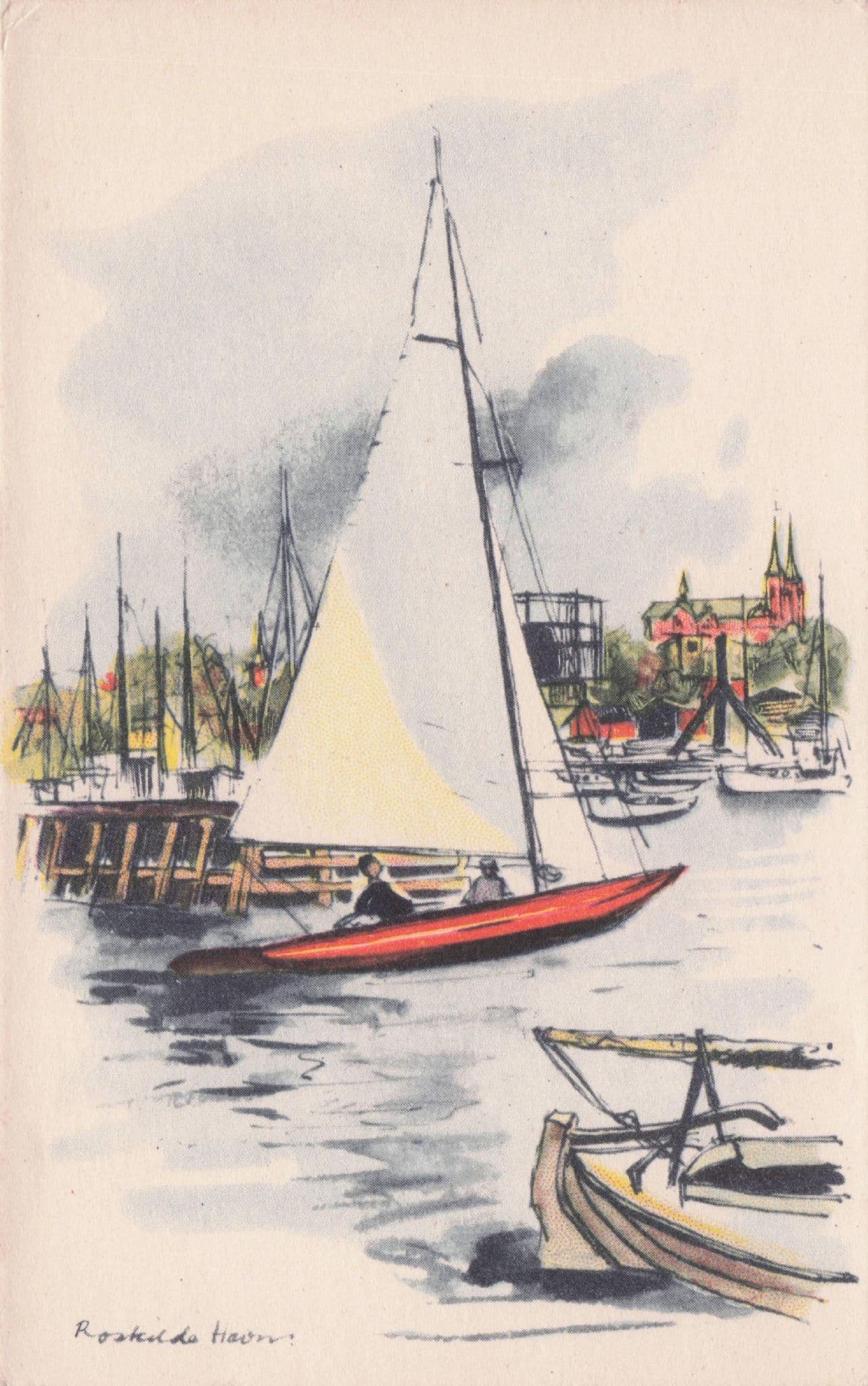 Roskilde Boat Sailing Norway Old Artist Signed Drawing Postcard