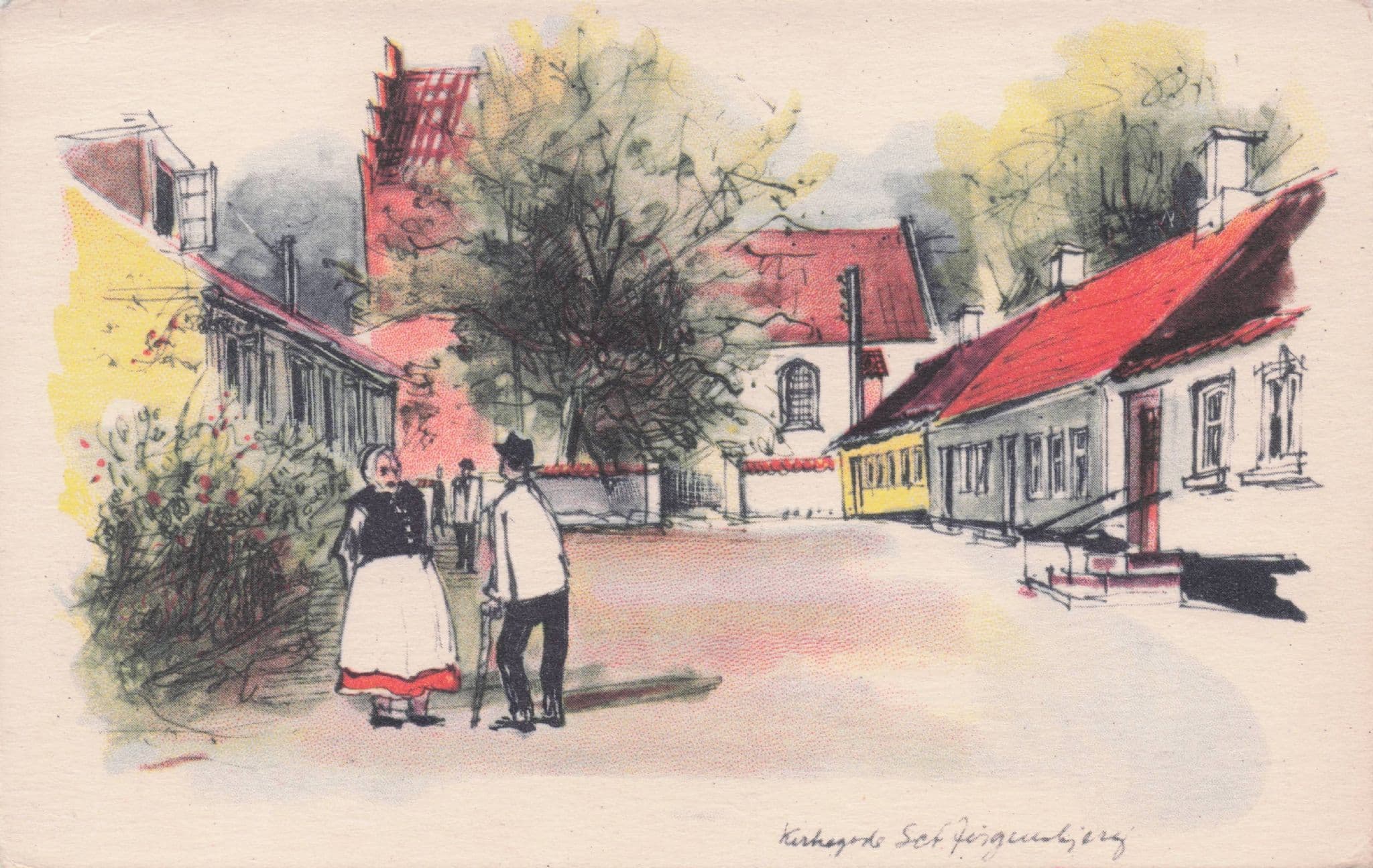 Roskilde Elderly People Street Scene Norway Old Artist Signed Drawing Postcard