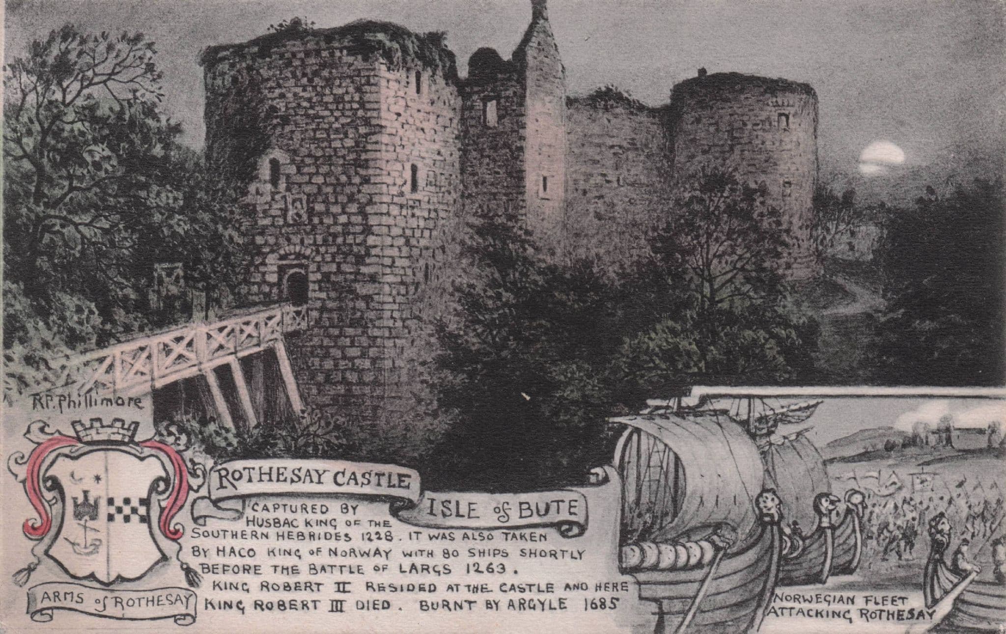 Rothesay Castle In Moonlight Phillimore Arms Of Shield Old Postcard