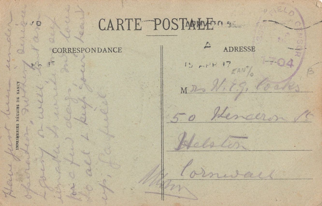 Rouen Passed By Censor To Cornwall WW1 French Military Postcard