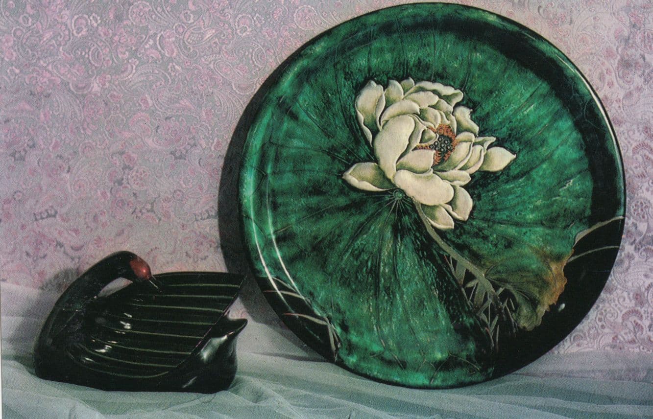 Round Plate Lotus Design Antique Black Swan Shaped Box Chinese Postcard