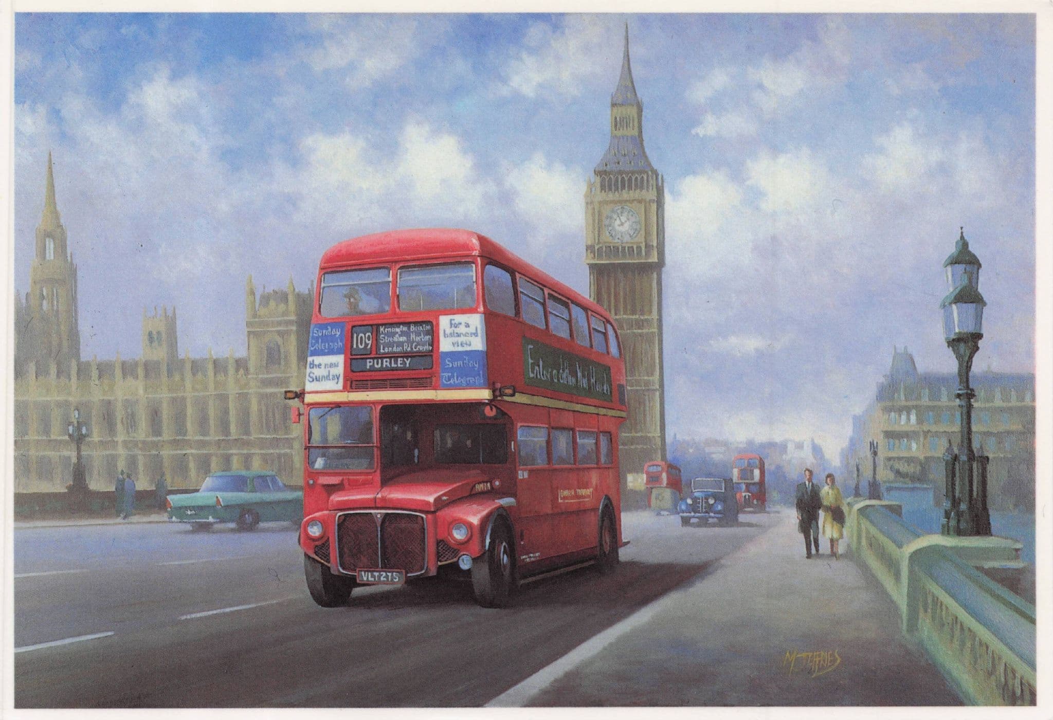 Routemaster & Big Ben London Bus Painting Transport Postcard