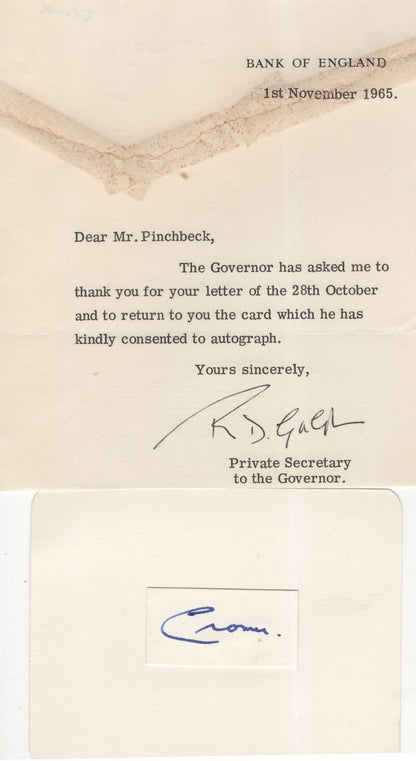Rowland Baring 3rd Lord Of Cromer Bank Hand Signed Letter + Card