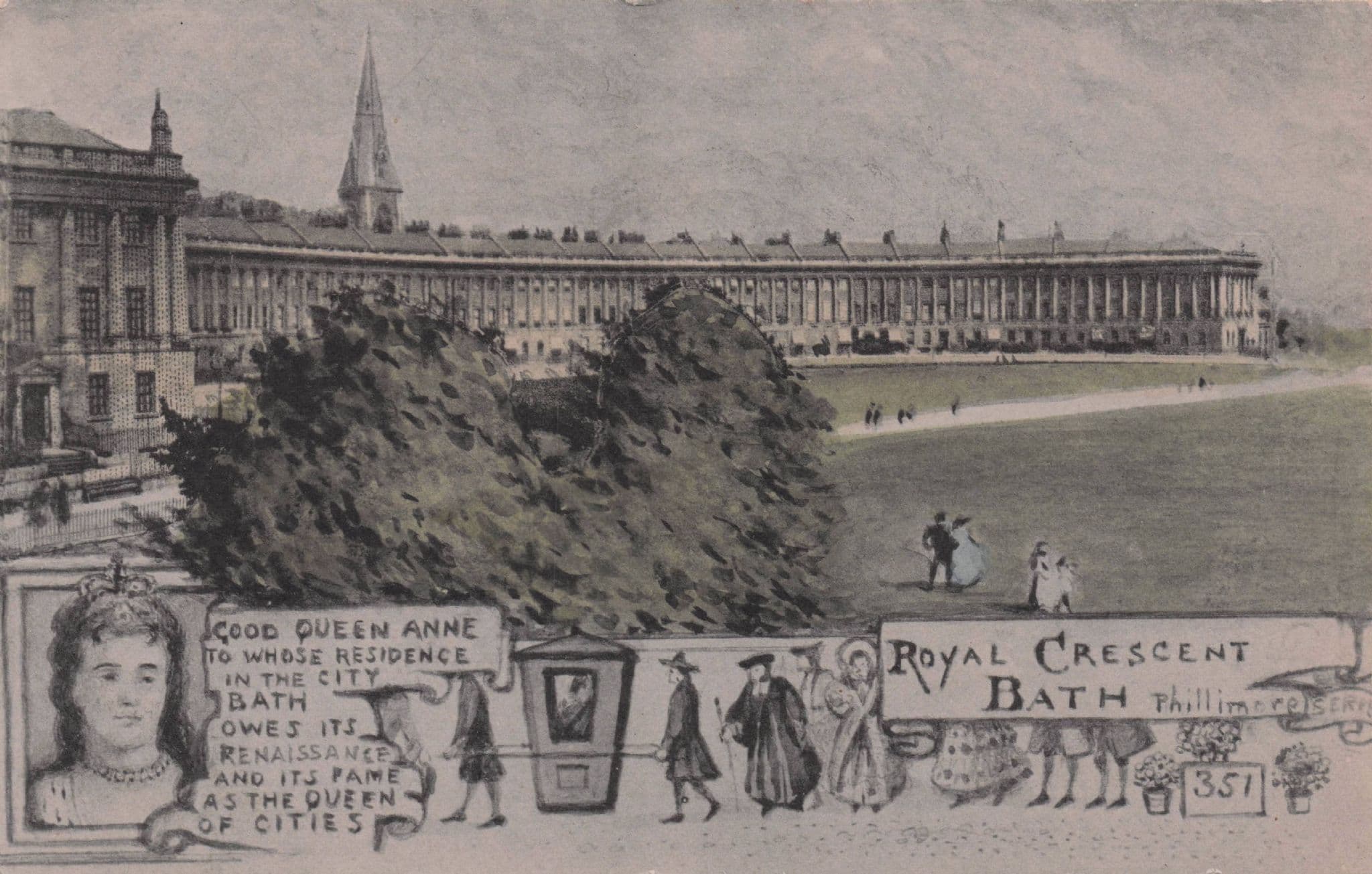Royal Crescent Bath Gardens Queen Anne Phillimore Old Postcard
