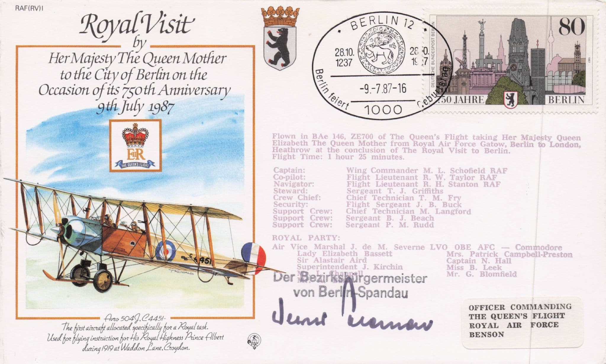 Royal Family Berlin Visit Carried On Concorde Queen Elizabeth Flight Hand Signed FDC