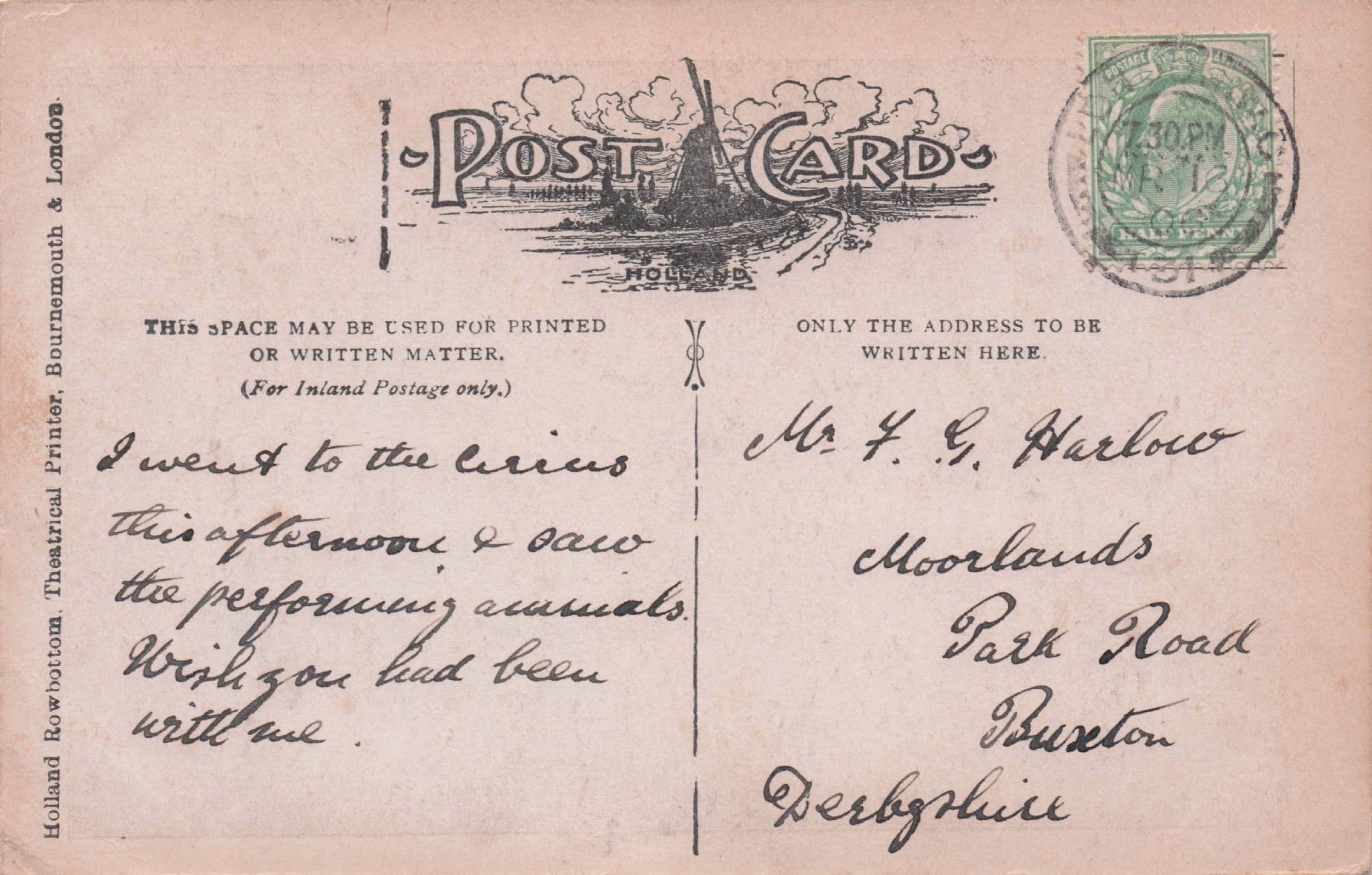 Royal Italian Circus Jumbo Elephant & Boy Trainer Antique Visitor Postcard