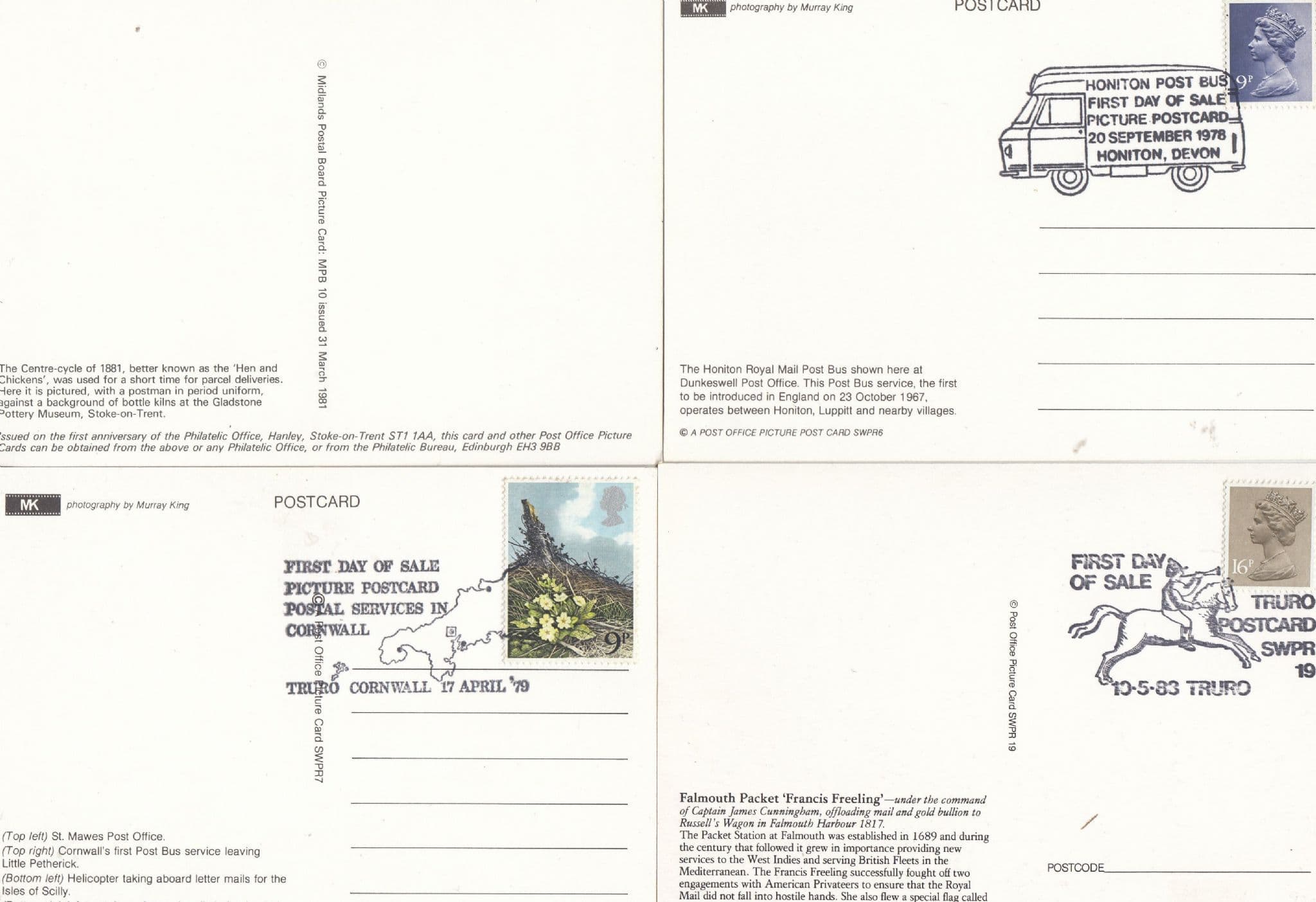 Royal Mail Bicycle Cornwall Post Van Truro 4x FDC Postcard s