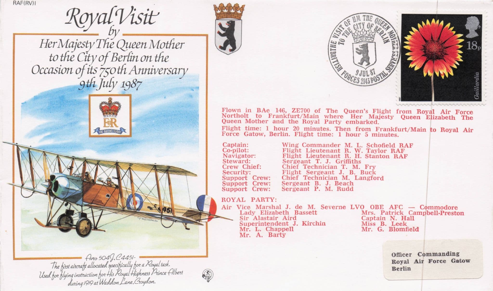 Royal Visit To Berlin Germany Queen Mother Rare 1987 Plane Flight Flown FDC
