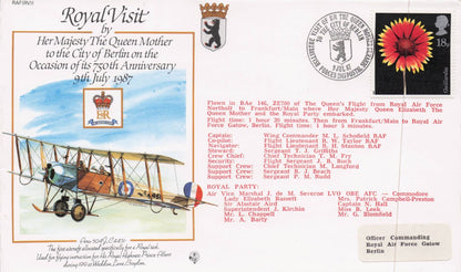 Royal Visit To Berlin Germany Queen Mother Rare 1987 Plane Flight Flown FDC