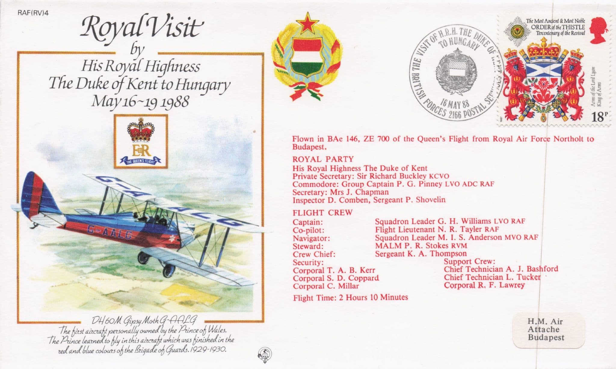 Royal Visit To Hungary Duke Of Kent Rare 1988 Plane Flight Flown FDC