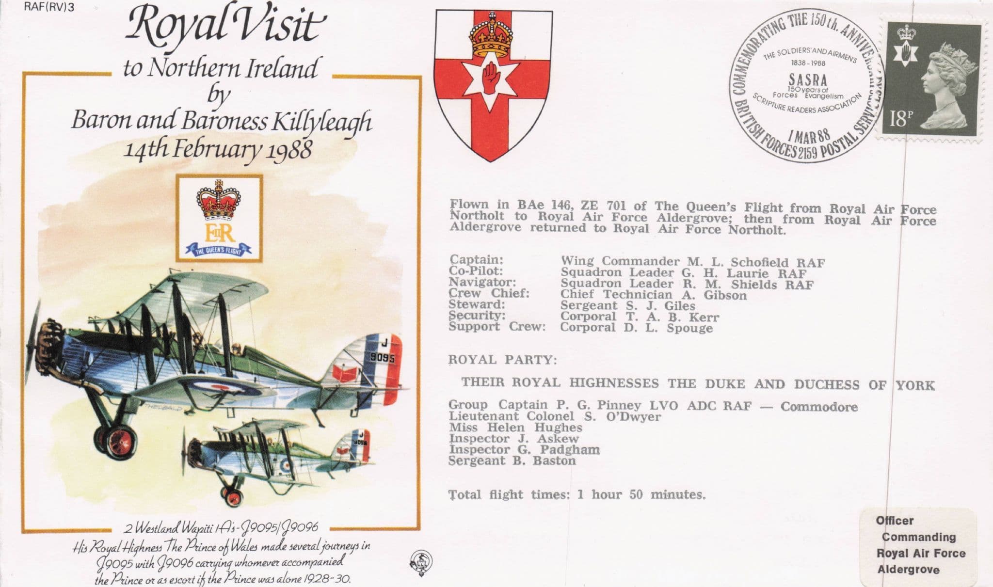 Royal Visit To Ireland Baron Killyleagh Rare 1988 Plane Flight Flown FDC