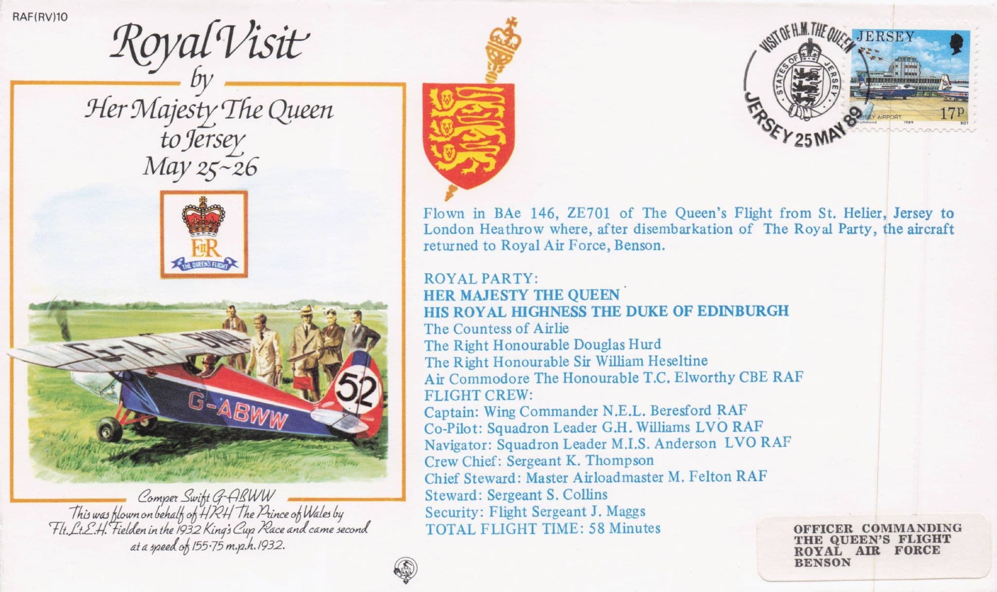 Royal Visit To Jersey Queen Elizabeth Rare 1989 Plane Flight Flown FDC