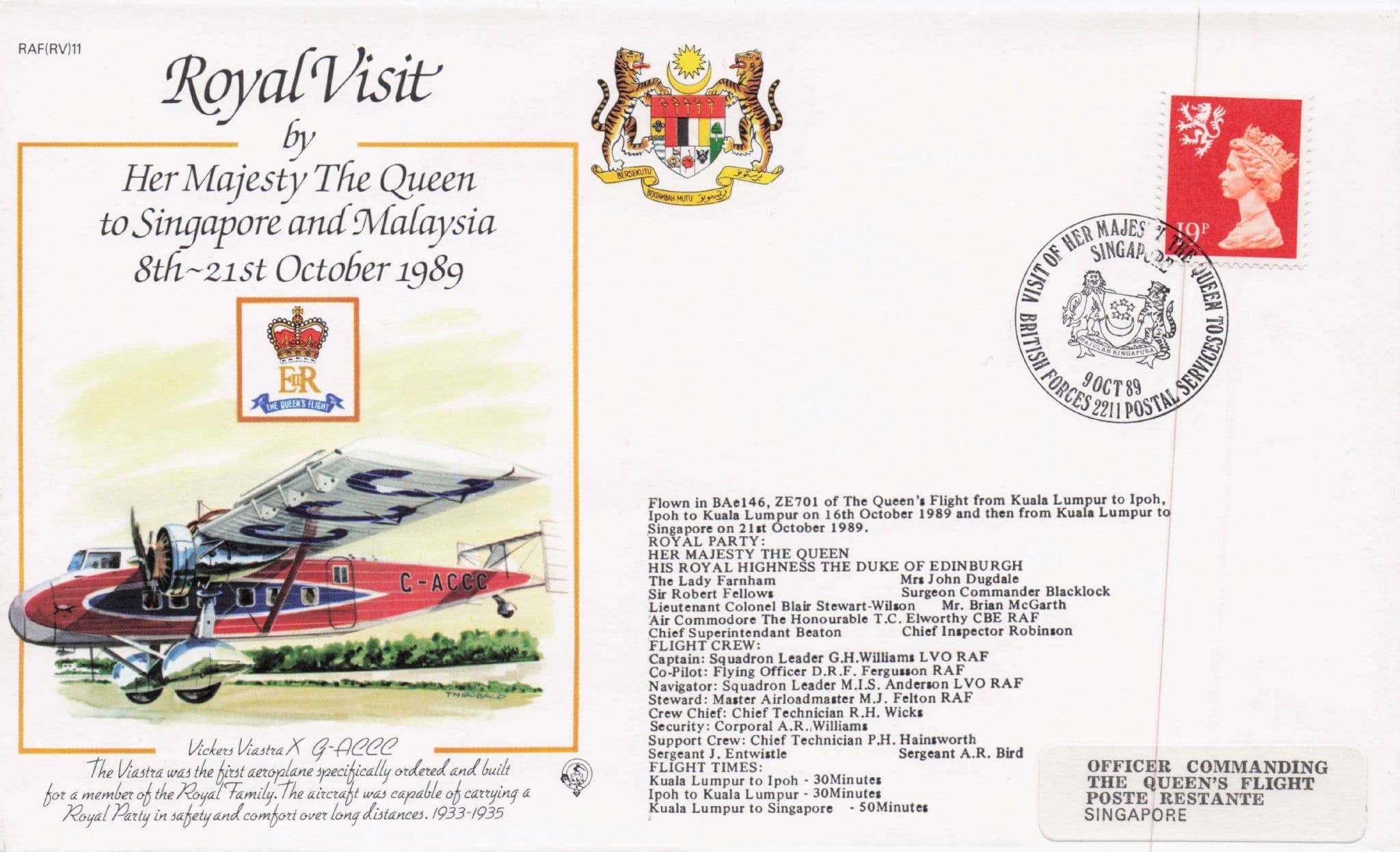 Royal Visit To Singapore Malaysia Queen Elizabeth 1989 Plane Flight Flown FDC