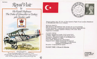 Royal Visit To Turkey Duke Of Gloucester Rare 1988 Plane Flight Flown FDC