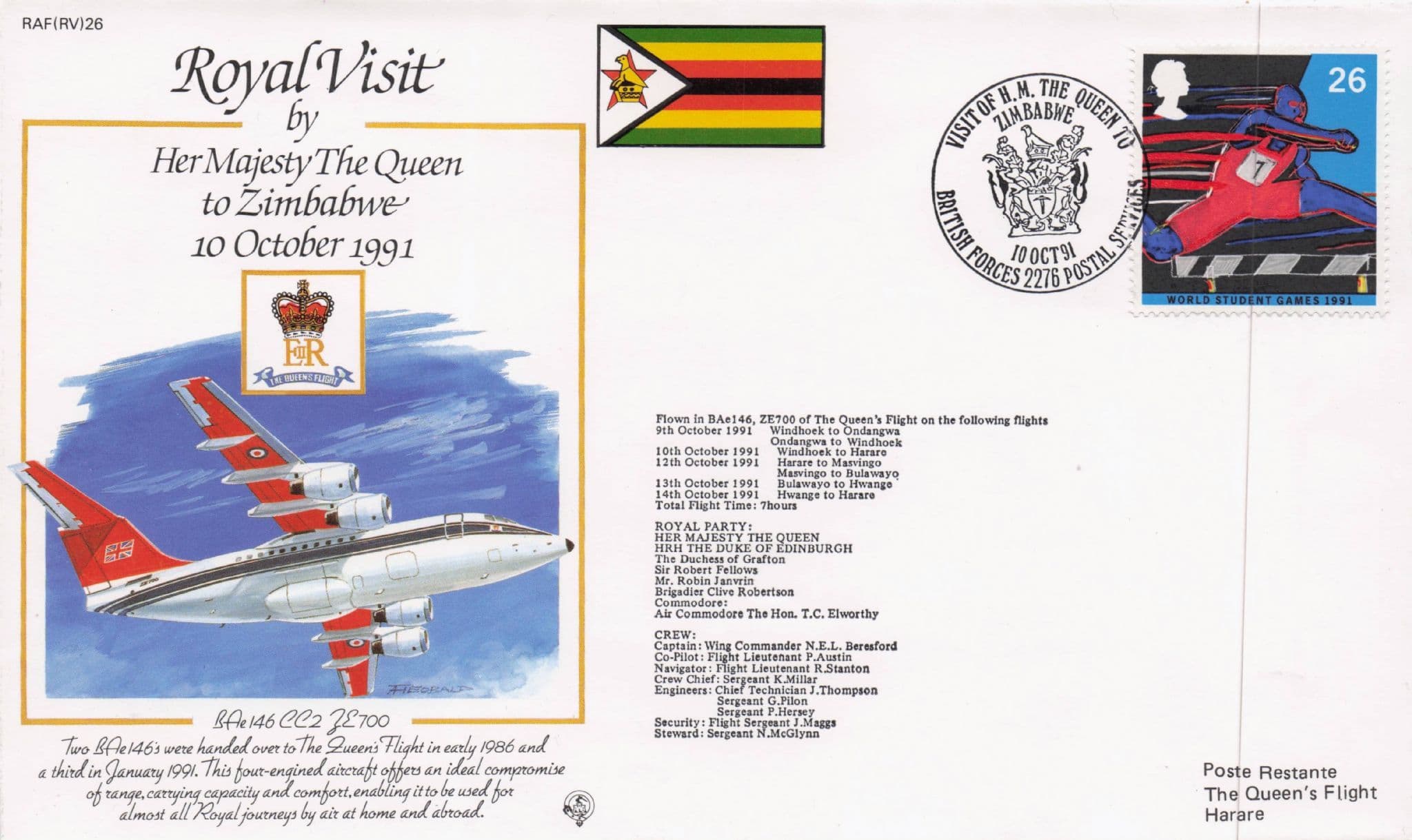 Royal Visit To Zimbabwe Queen Elizabeth Rare 1987 Plane Flight Flown FDC