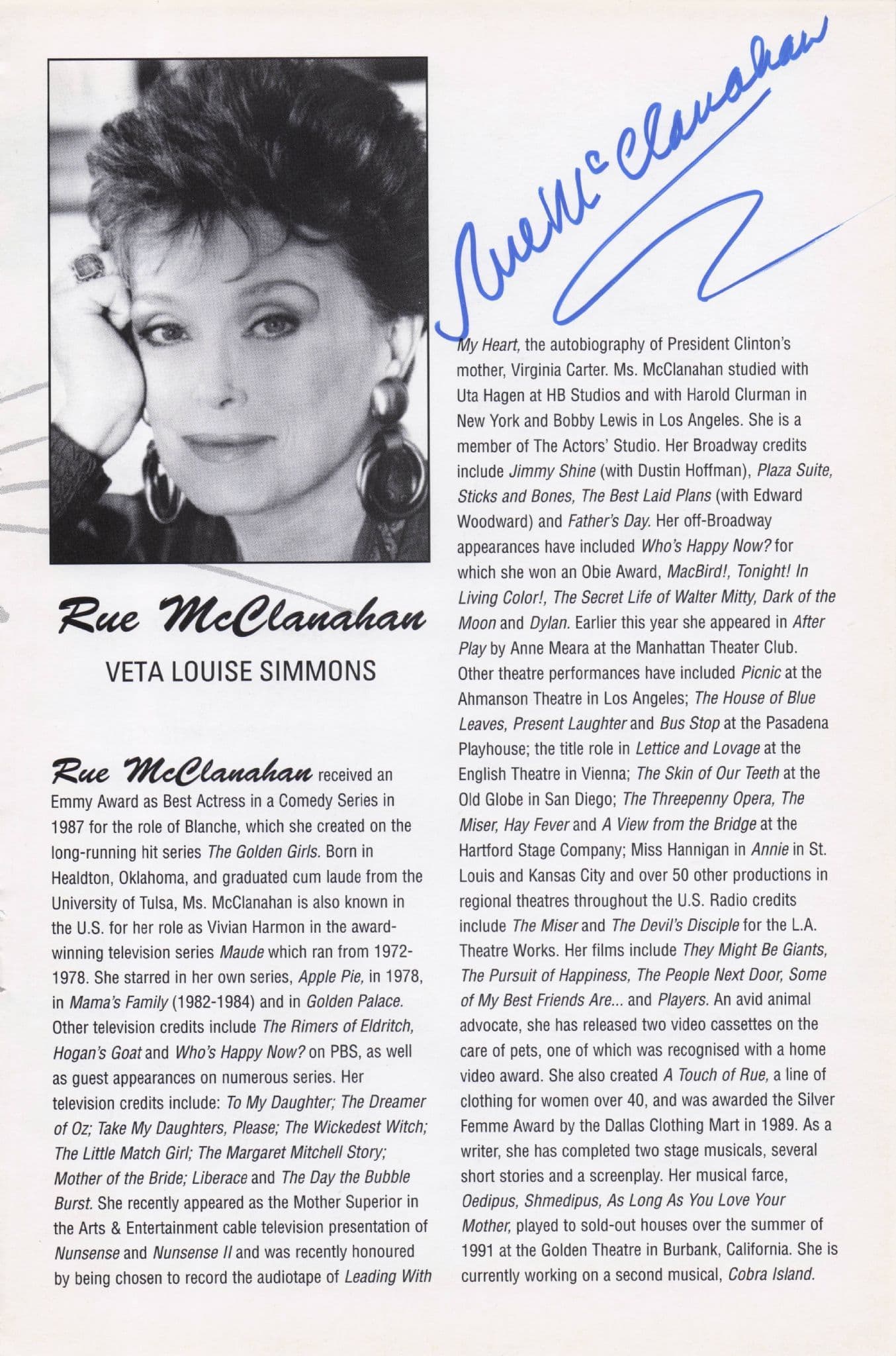 Rue McClanahan The Golden Girls Hand Signed Photo Theatre Page
