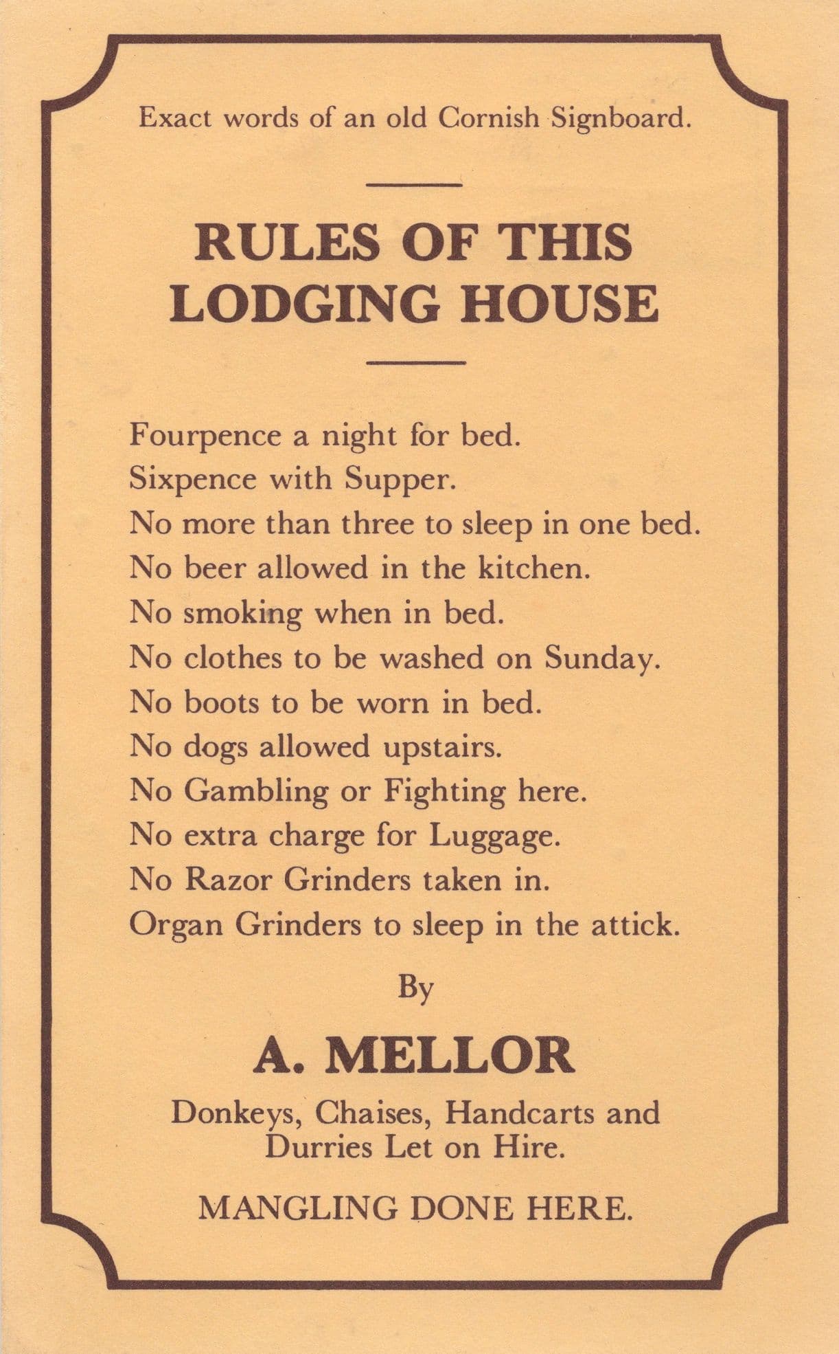 Rules Of The Lodging House Cornwall Sign Museum Postcard