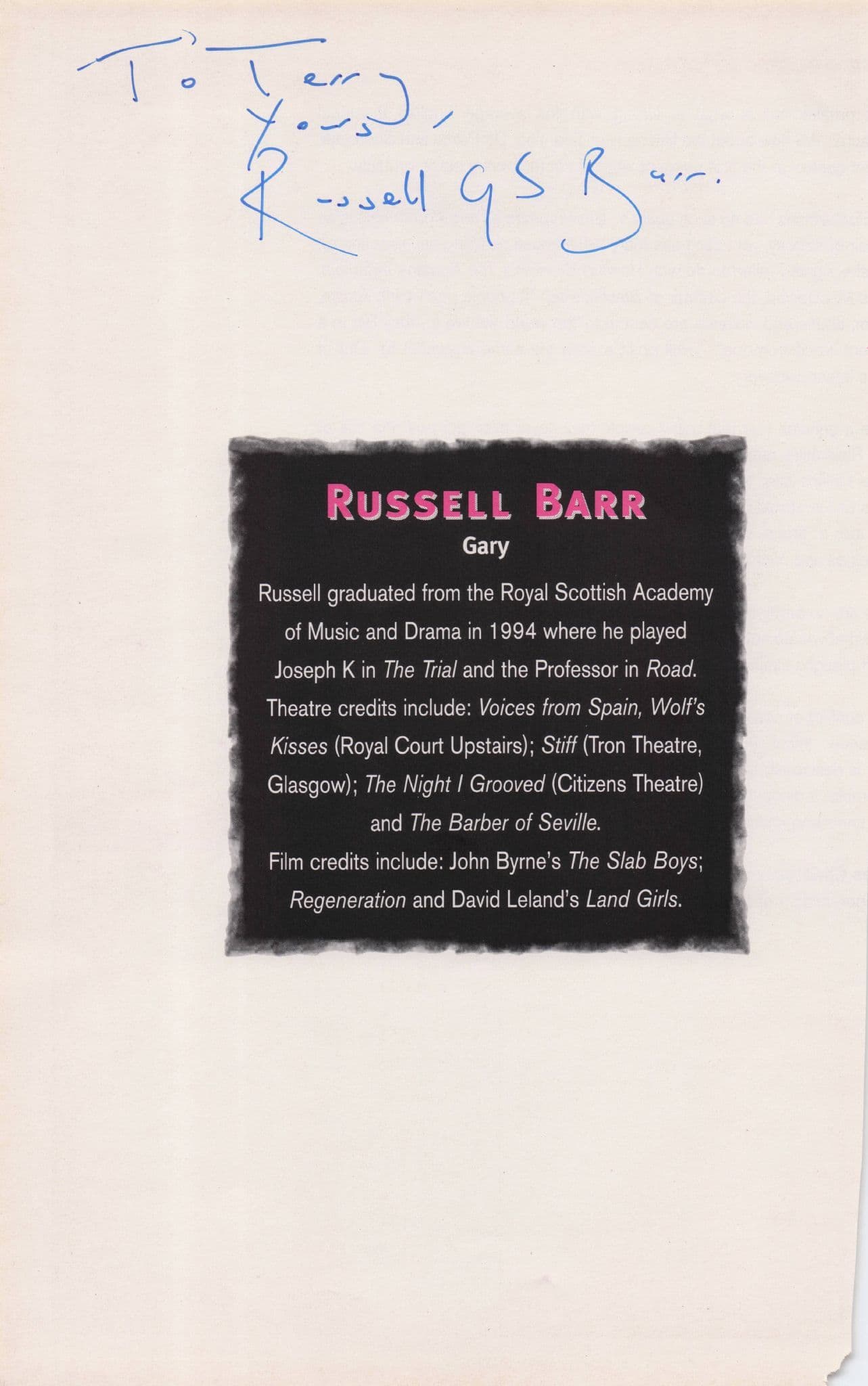 Russell Barr of About A Boy Hand Signed Theatre Page