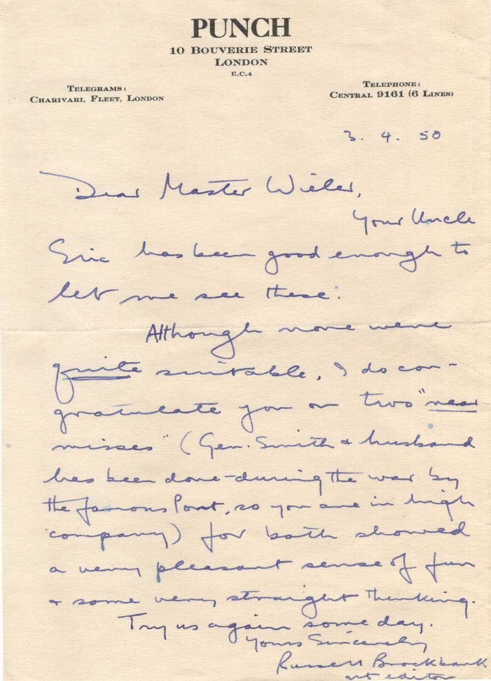 Russell Brockbank Historic Punch Magazine Artist Old Hand Signed Letter