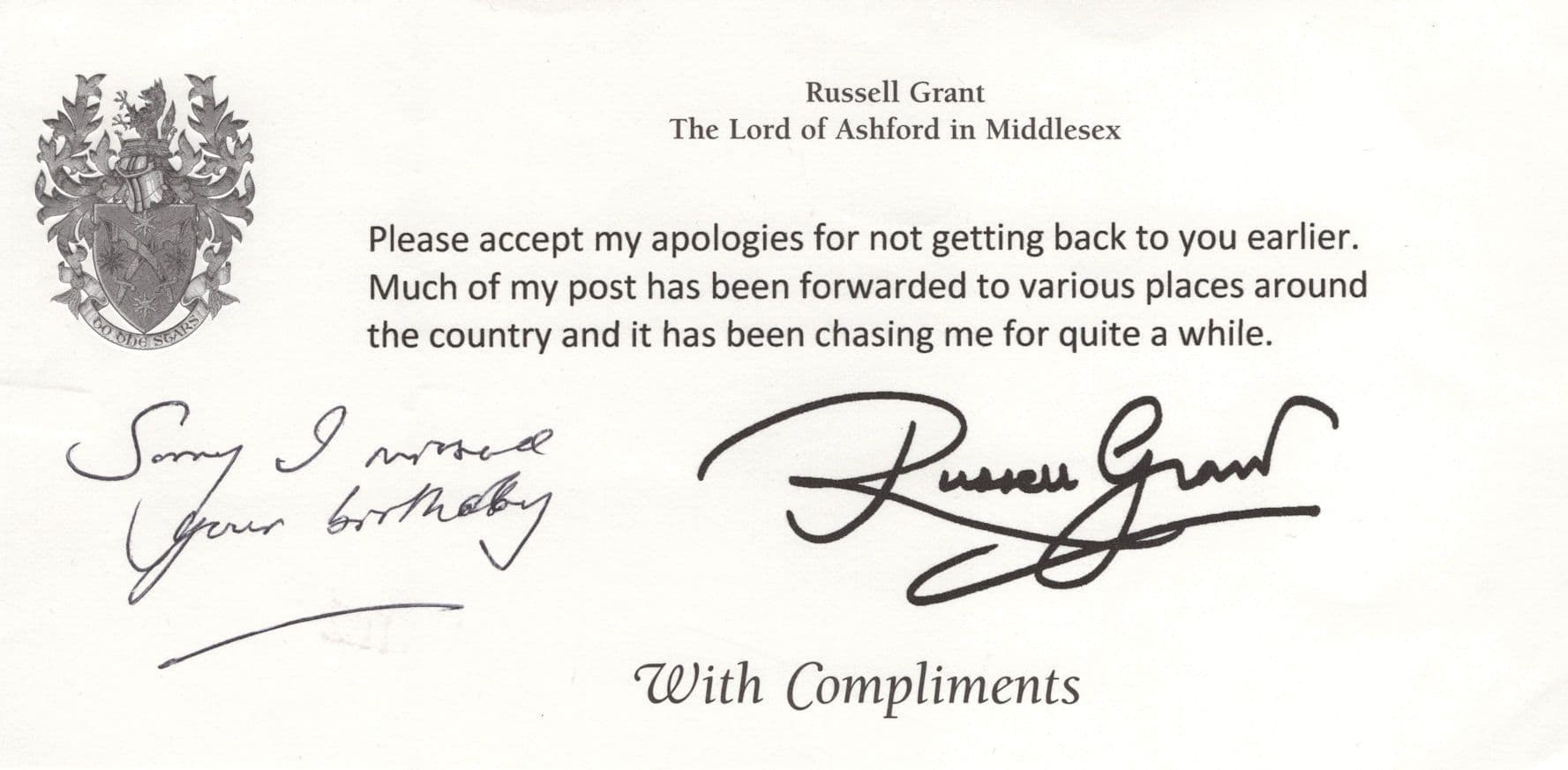 Russell Grant TV Astrology Lord Of Ashford Middlesex Autograph
