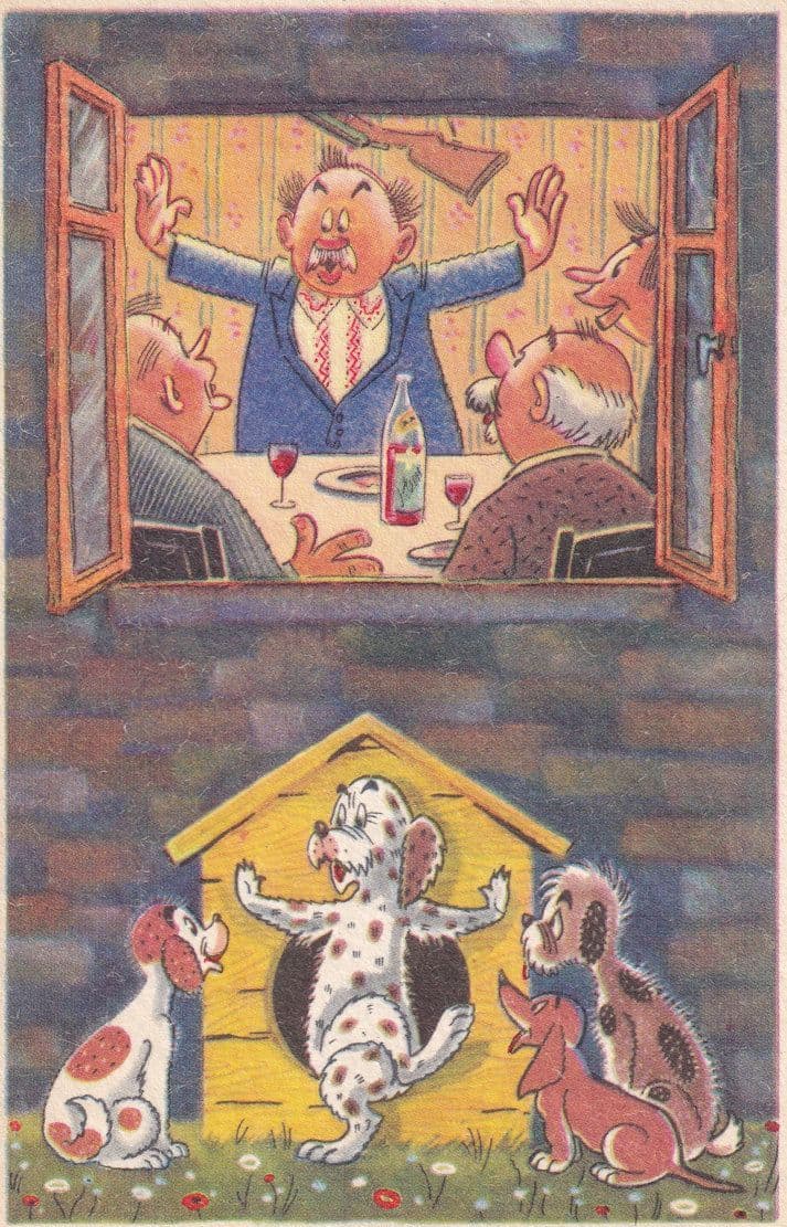 Russian Dinner Party Dog Kennel Animals Partying Vintage Comic Humour Postcard