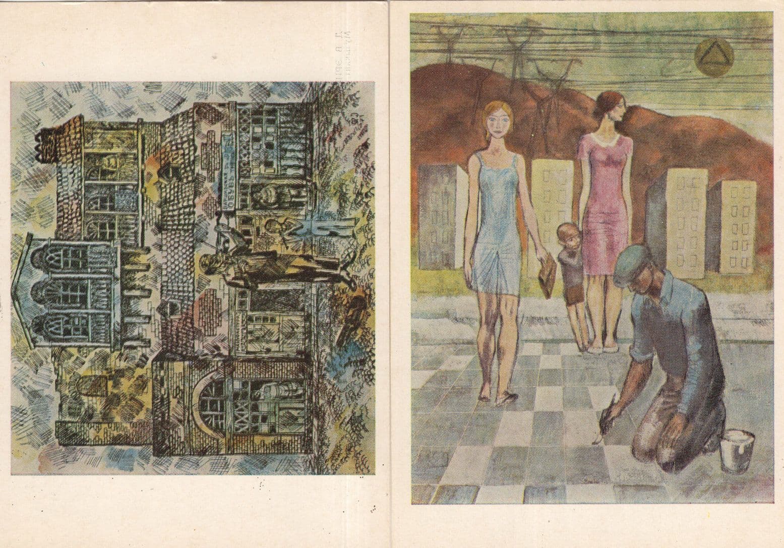 Russian Street Painter Old House Soviet 2x Painting Postcard s