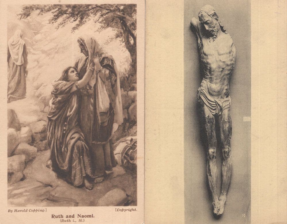 Ruth & Naomi Broken Crucifixion Statue 2x Antique Postcard s