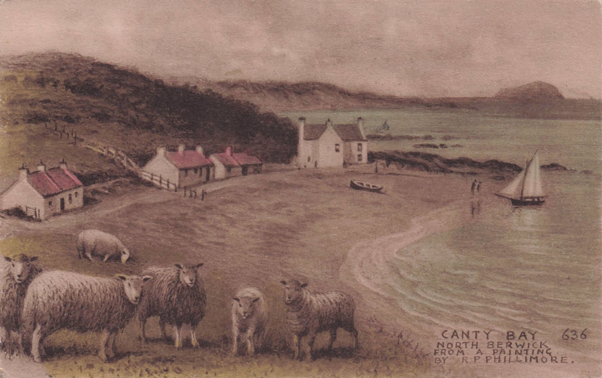Sailing Boat & Sheep at Canty Bay North Berwick Old Phillimore Postcard