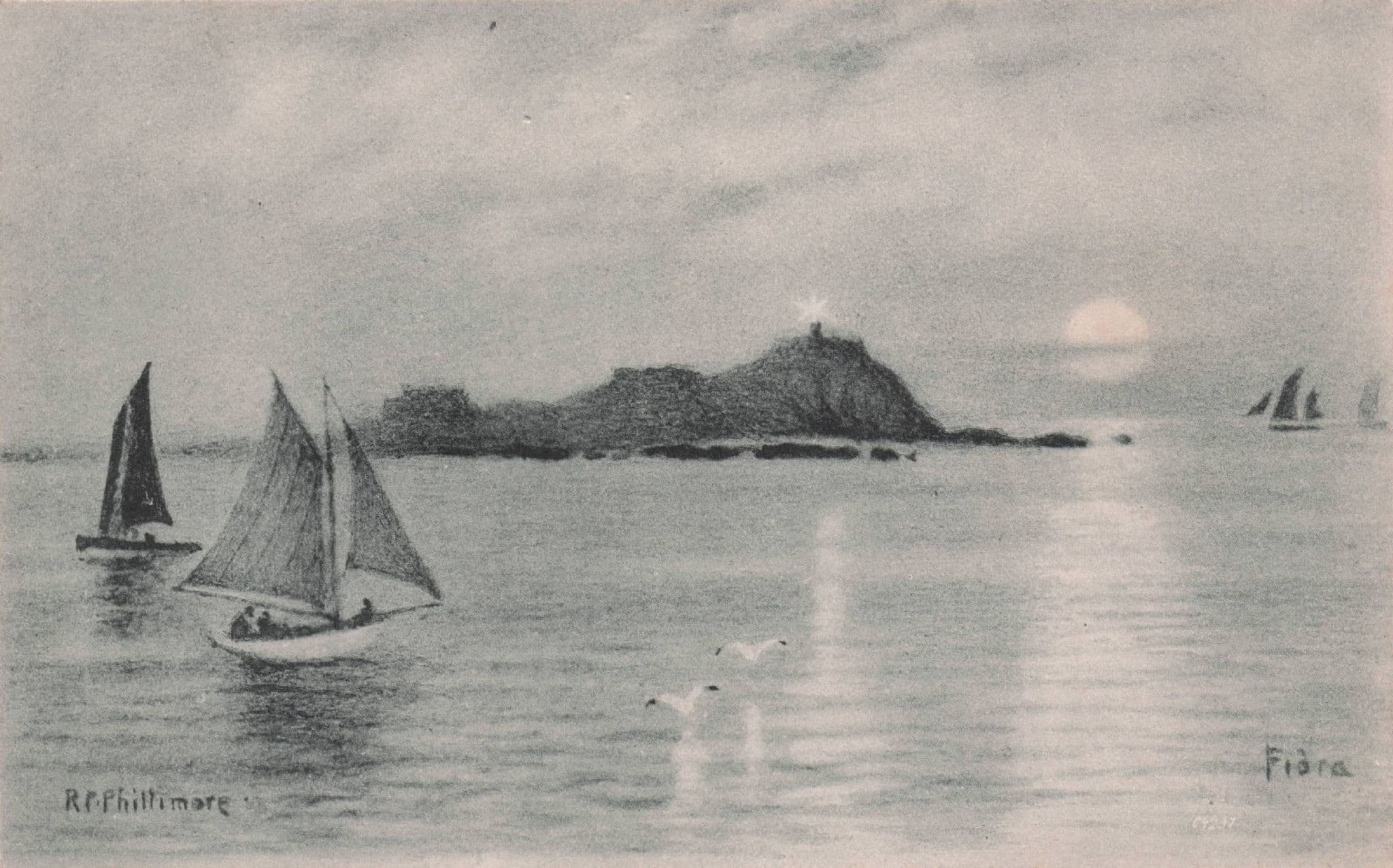Sailing Ships at Fidra North Bewick Sunset Old Scottish Phillimore Postcard
