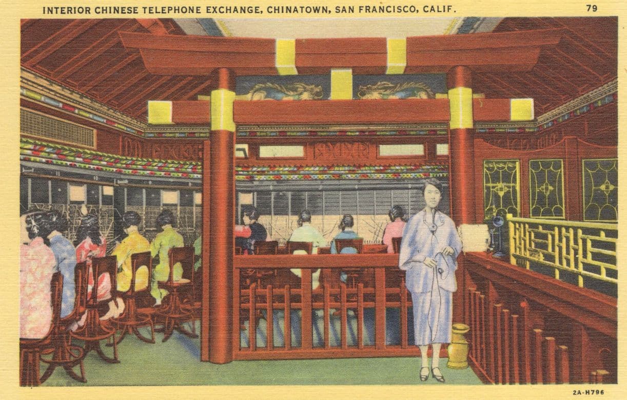 San Francisco Chinese Telephone Exchange Interior Vintage Linen USA Postcard