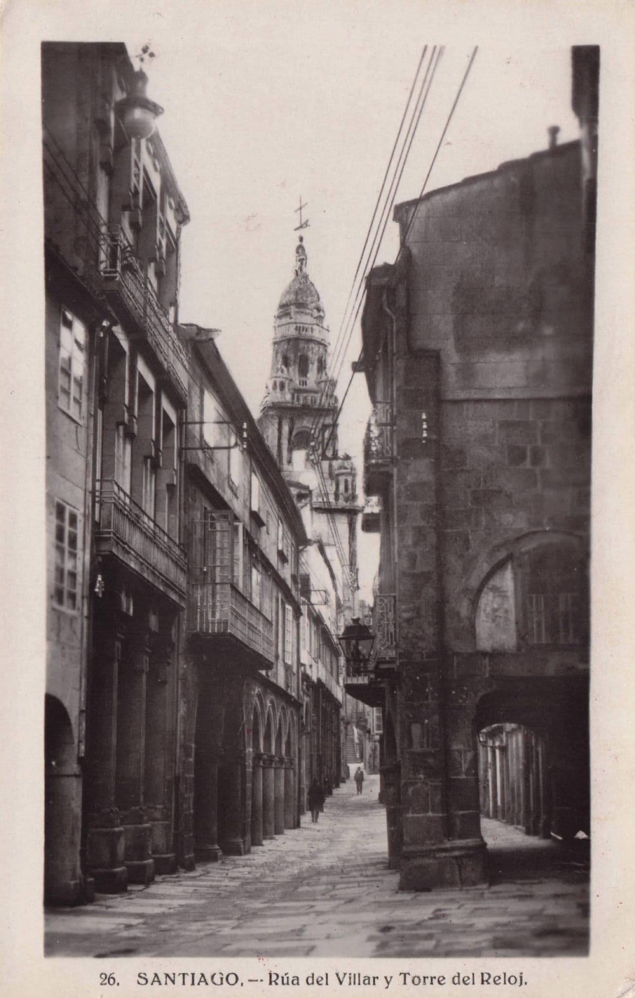 Santiago Rue Del Villar Y Torre Del Reloj Spain Old RPC Postcard