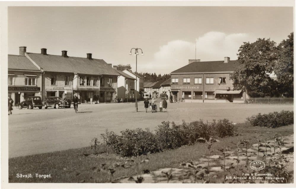 Savsjo Torget Sweden Skanska Banken Bicycles RPC Old Postcard