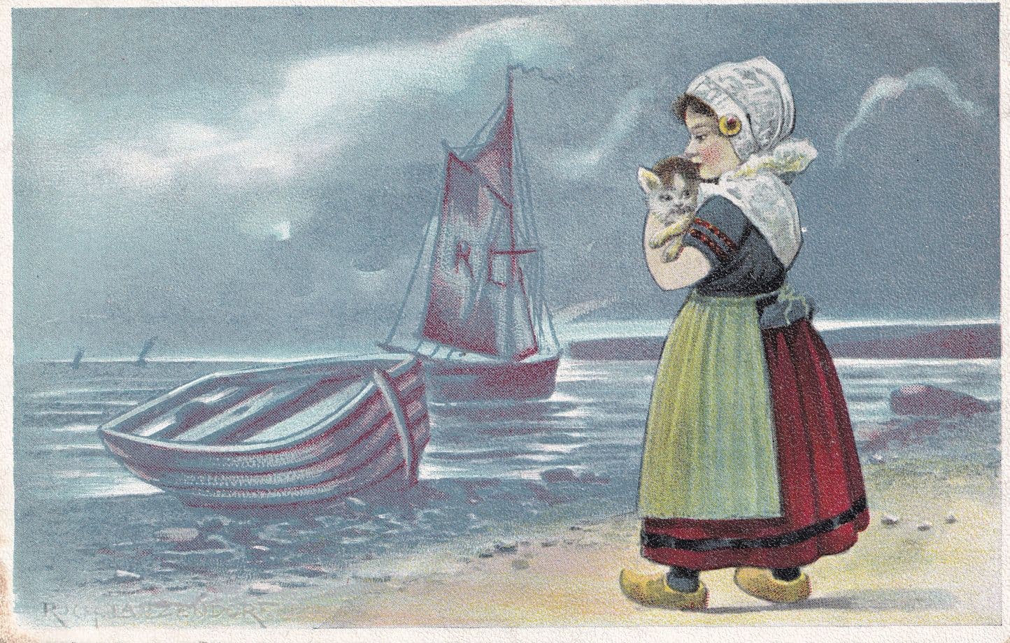 Scared Kitten Cat Placed In Rowing Boat Postcard