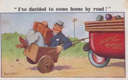 Scarlet Car Towboat Towing Man In Cart Antique Transportation Comic Postcard